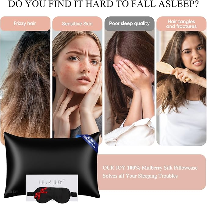 100% Mulberry Silk Pillowcase 22 Momme (SGS Certified) with Free Silk Eye Mask - Luxury Gift-Ready Folded Packaging, Cooling Pillow Cover for Hair & Skin Care (Black, Standard (1 Pack))