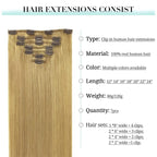 DOORES Clip in Hair Extensions - Dirty Blonde, 22 Inch, 7pcs 120g - Real Human Hair for Women, Thick Silky Straight Natural Extensions
