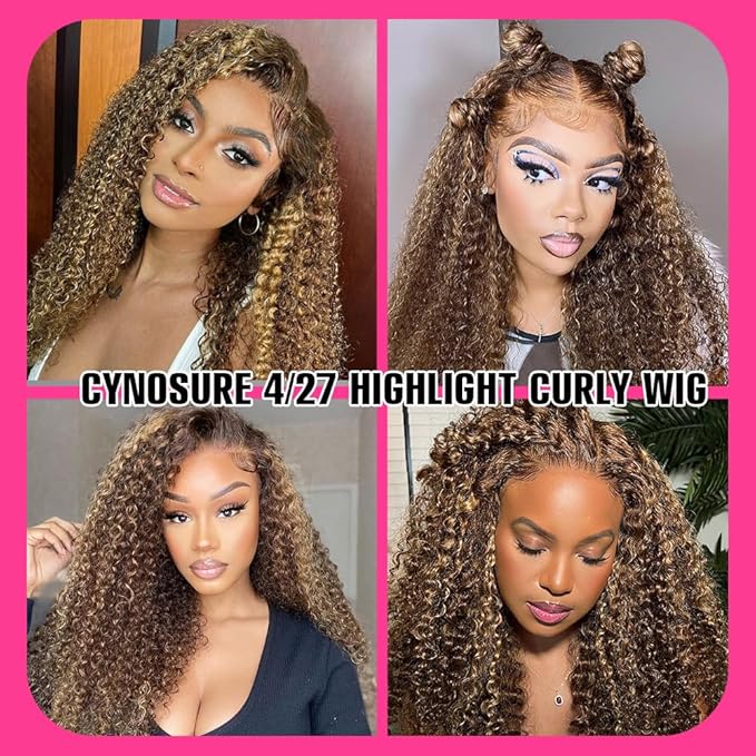CYNOSURE 13x5 Honey Blonde Curly Wigs Human Hair 180% Density Highlight Ombre Deep Wave Curly 4/27 Colored HD Transparent Lace Front wig Human Hair Pre Plucked with Baby Hair 28 Inch