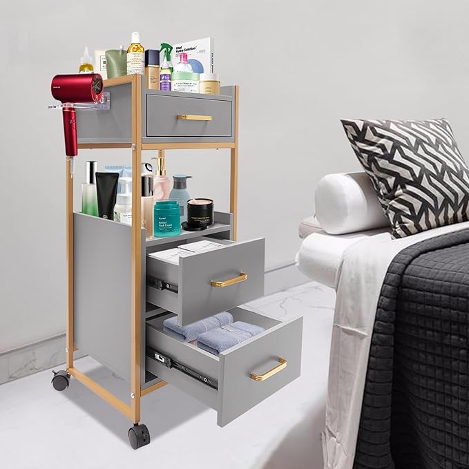 Beauty Salon Tool Organizer, Salon Trolley with Lockable Wheels Barber Cart, Make-Up Organizer Beauty Equipment Storage Trolley with Hair Dryer Rack for Spa, Barber Store, Beauty Salon (Gold, Grey)