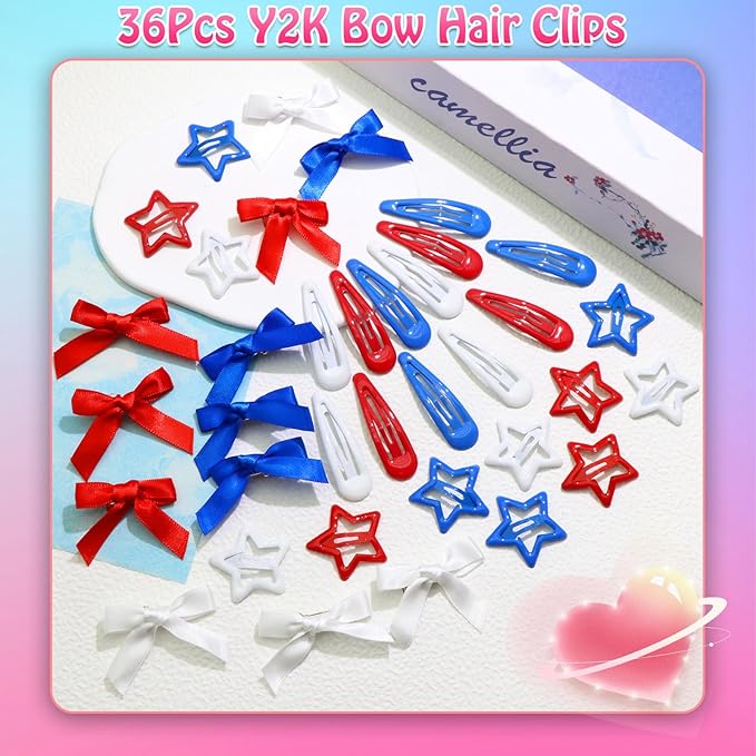 36Pcs 4th of July Red Blue White Bow Hair Clips Cheer Star Snap Hair Barrettes Water Drop No Slip Hair Clips for Women Small Hair Bows Star Bowknot Hair Accessories for Girls