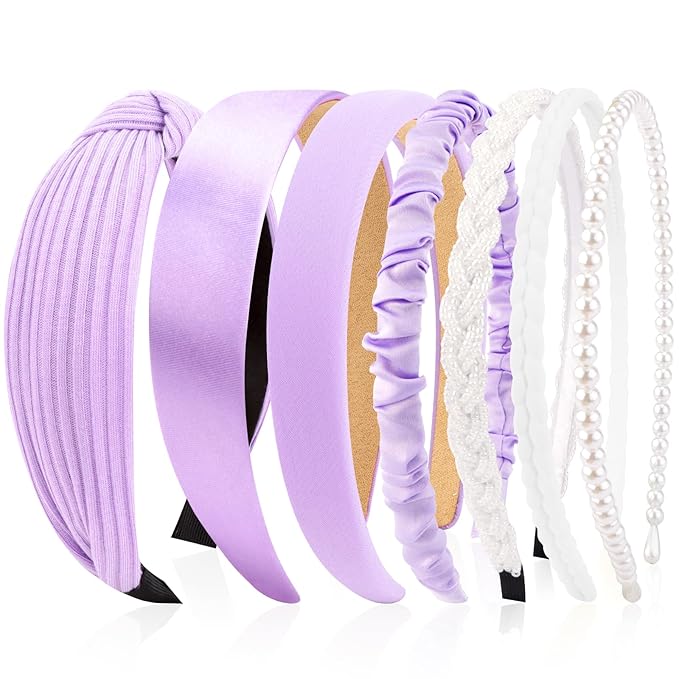 VELSCRUN Headbands for Women 7 Pcs Different Bright Purple Knotted Solid Pearl Head Bands Non Slip Hair Band for Womens Gilrs Thin Thick Short Hair Fashion Accessories