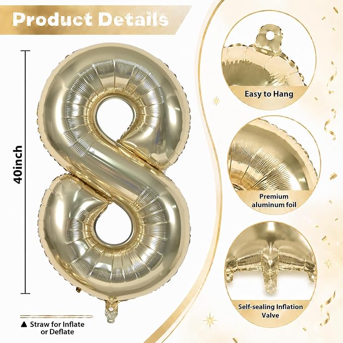 Champagne Gold 18th Birthday Balloons Number 18, 40 Inch Large Foil 1 & 8 - Image 2