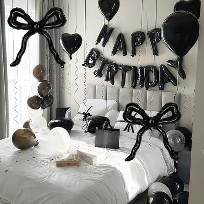Black Bow Happy Birthday Balloons Banner, 22 Inch Black Bow Foil Balloons - Image 7