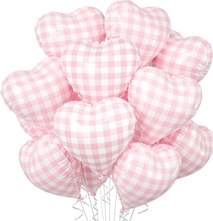 Pink White Checkered Heart Balloons, 18 Inch Lattice Foil Valentines Balloons by BIAPIAN