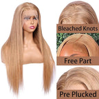 Honey Blonde Straight 13x4 Lace Front Human Hair Wigs with Baby Hair Pre Plucked Brazilian Virgin Hair Transparent HD Lace Frontal Wig for Black Women 180% Density 14 Inch