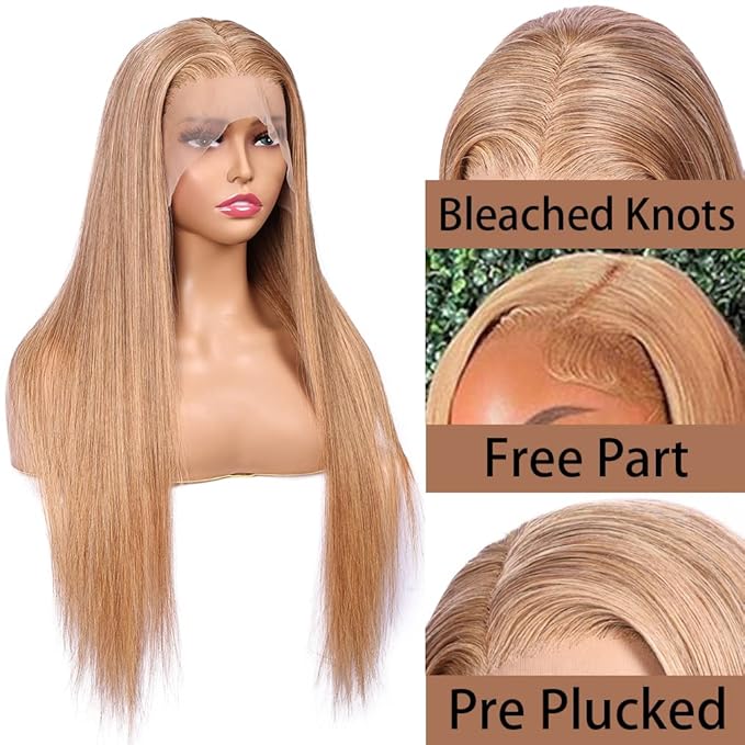 Honey Blonde Straight 13x4 Lace Front Human Hair Wigs with Baby Hair Pre Plucked Brazilian Virgin Hair Transparent HD Lace Frontal Wig for Black Women 180% Density 16 Inch