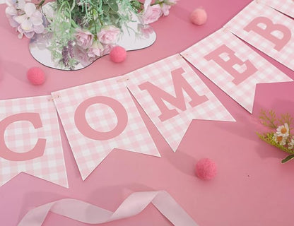 Pink Gingham Welcome Baby Shower Banner - Image 7