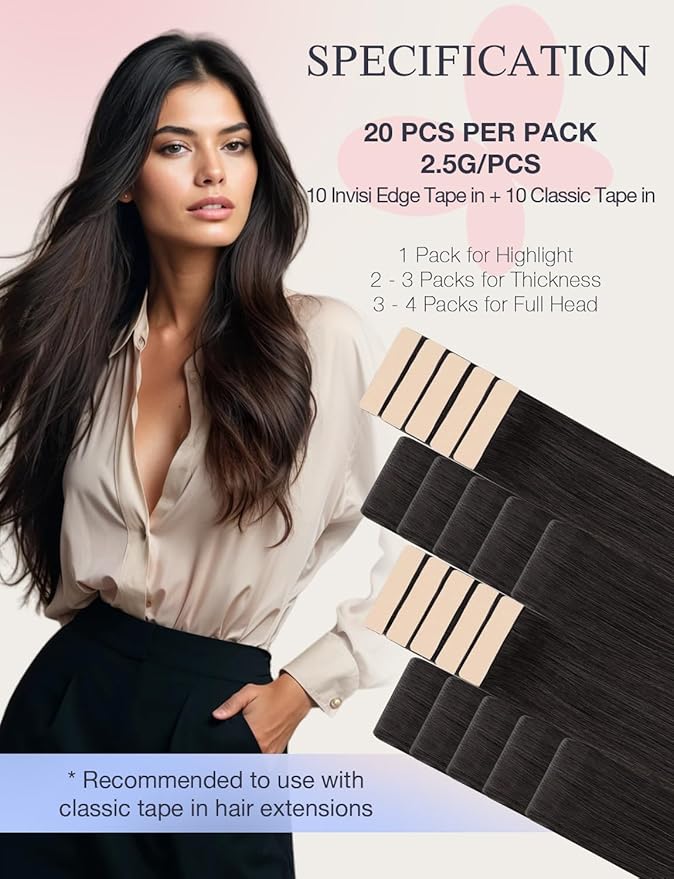 DOORES Invisi Edge Tape in Hair Extensions Human Hair, Natural Black 10 Injection Tape-ins with 10 Classic Tape-ins 50g 22 Inch, Injection Tape in Extensions Virgin Human
