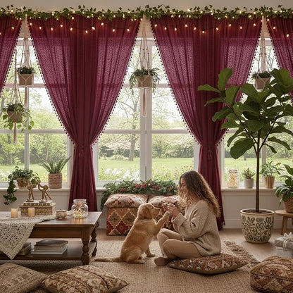 WAZZIO Boho Lace Curtains 63 Inches 2 Panel, Light Filtering Privacy Tassel & - Image 4