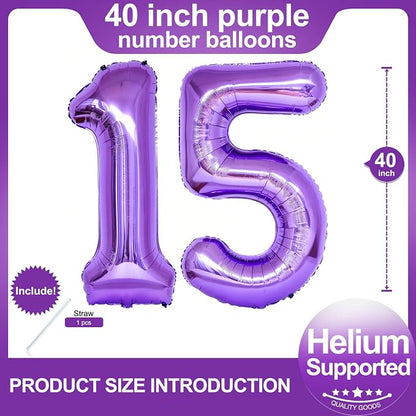 Number 15 Purple Balloons 40 Inch Giant Purple 15 Number Foil Helium Balloons - Image 2