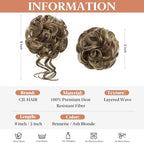 CJL HAIR 2PCS Messy Bun Hair Pieces Wavy Curly Synthetic Updo Chignon Fake Scrunchies Ponytail Extension for Women Brunette/Ash Blonde