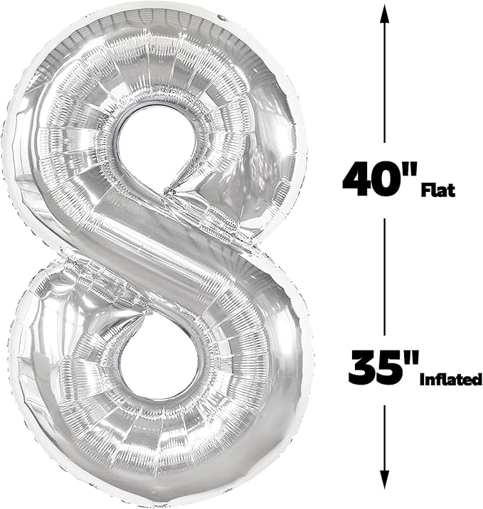 Silver Number 8 Balloon 40 inch, Balloon numbers party supplies, deco photo - Image 2