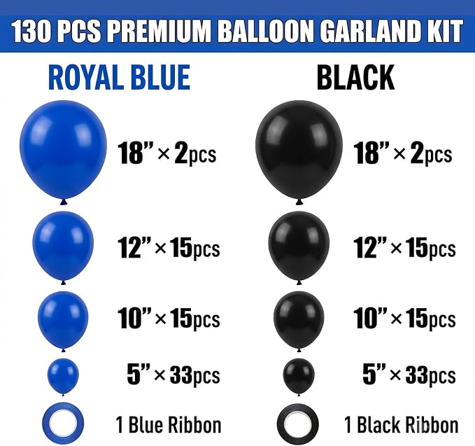 130pcs 18 12 10 5 Inch Royal Blue and Black Latex Balloon Garland Arch Kit | - Image 2