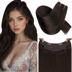 RUNATURE Invisible Wire Hair Extensions Human Hair, 14 Inch 70g One Piece, Brown Wire Hair Extensions Soft Natural Looking, Seamless Fish Line Hairpiece for Women #2 Dark Brown