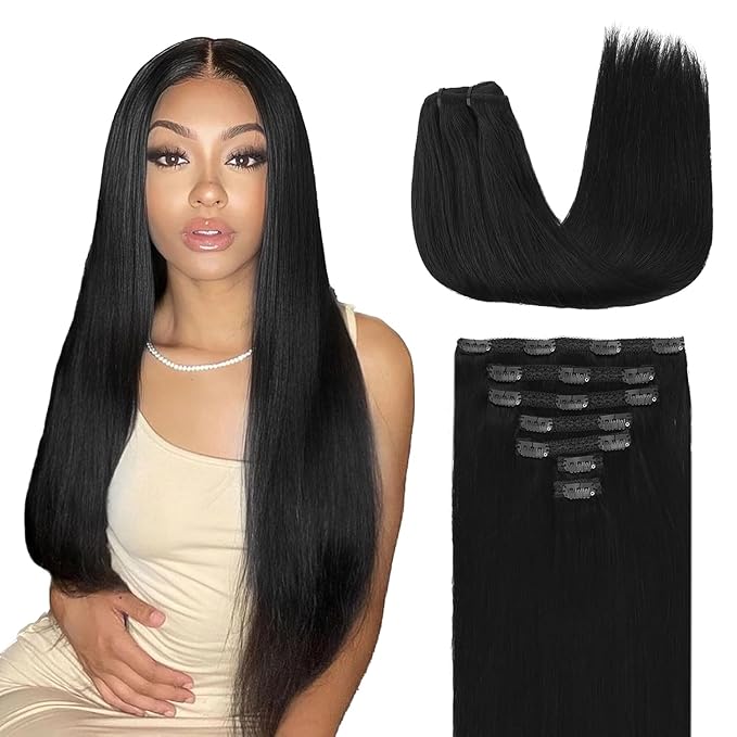 Lashey Clip in Hair Extensions 7pcs 120g #1 Jet Black Straight Human Hair Clip in Extensions for Women 16 Inch Thick Hair Extensions with Full Ends