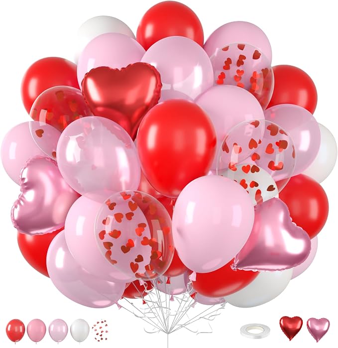Valentine's Day Balloons, 12 Inch Pearl Pink Red Heart Shaped Confetti Latex by FunHot
