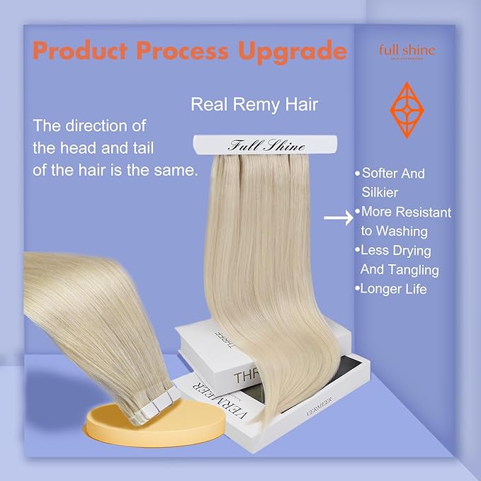 Full Shine Blonde Tape in Hair Extensions Color 60 Blonde Remy Human Hair Extensions Tape in 28 Inch Double Sided Seamless Skin Weft 20 Pcs 50 Gram Invisible Adhesive Real Human Hair Soft