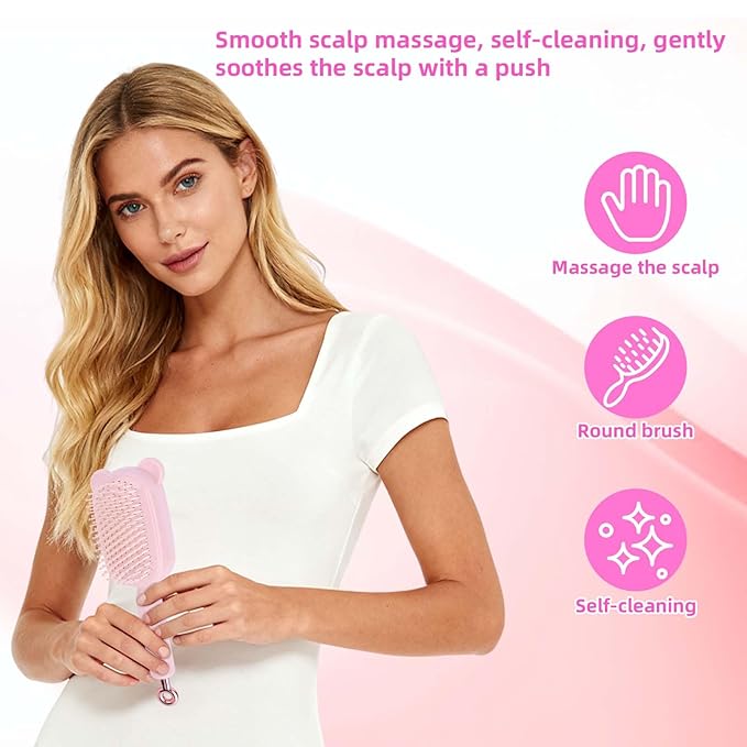Retractable Air Cushion Massage Comb for Woman, Comfortable Self-Cleaning Detangling Hair Clean Brush with Pull Ring Anti-Static Comb for All Hair Types (Pink)