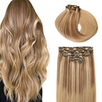 SURNEL Human Hair Clip in Extensions Golden Brown to Honey Blonde Clip in Hair Extensions 18inch 6pcs 120g (#10/27/27,18'')