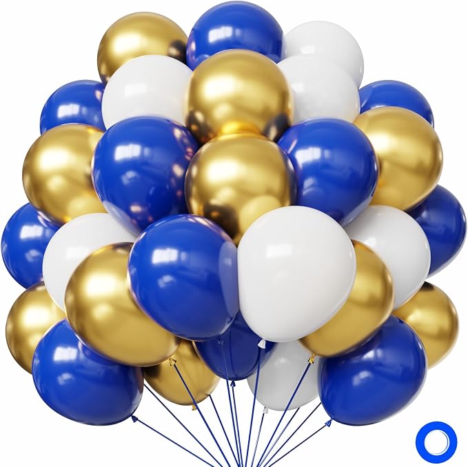 Blue and Gold Balloons, 12 Inch Blue and White Balloons by Hiquaty