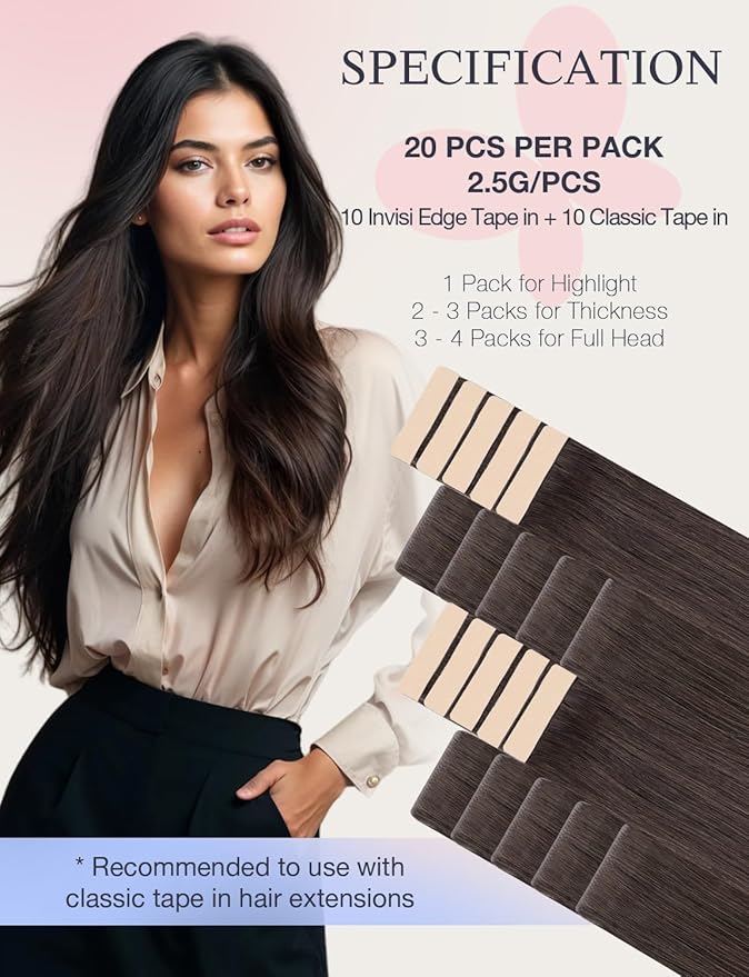 DOORES Invisi Edge Hair Extensions Tape in, Light Dark Brown 10 Injection Tape-ins with 10 Classic Tape-ins 50g 18 Inch, Injection Tape in Extensions Virgin Human Hair Thick Ends