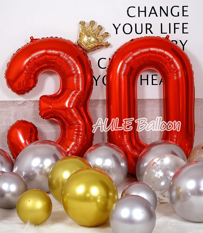 AULE 40 Inch Red 30 Balloon Number Foil 0-9 Birthday Big Numbers | Birthday - Image 2