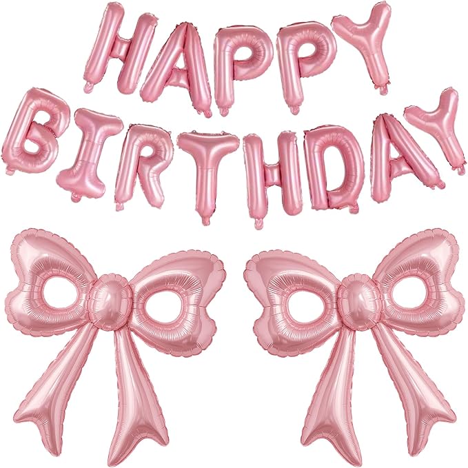 Pink Happy Birthday Balloons, 31”Huge Pink Bow Aluminum Foil Balloons by BSRESIN
