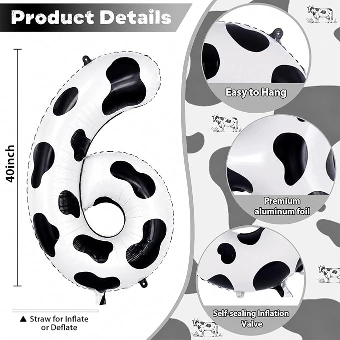 Cow Print Number Balloons 6, 40inch Large Farm Digital 6 Foil Helium Balloon - Image 2