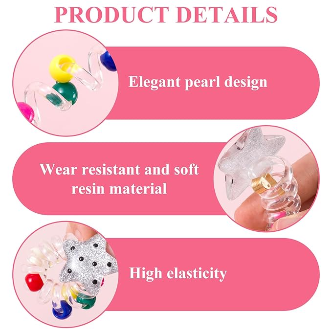 4PCS Star Heart Spiral Hair Ties with Beads, 2 Colors Star Heart Bead Phone Cord Ponytail Holders for Women, Elegant Rubber Hair Coils, Stylish Hair Accessories for Party, Daily Use
