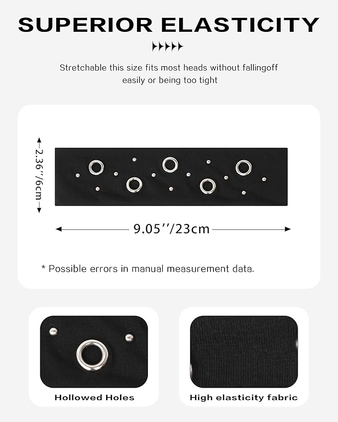 Grommet Headband for Women, Black Round Studs 23cm Hollow Out Elastic Hair Band, Eyelets Punk Grunge Stylish Hairband