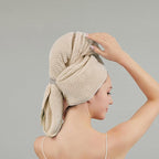 Women Microfiber Hair Towel Wrap with Elastic Strap,Super Absorbent Anti Frizz Drying Turban for Curly, Long,Wet Hair- Beige