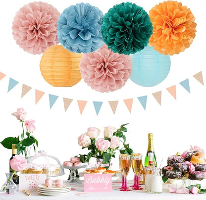 Dusty-Blue Orange Teal Party-Decorations Paper-Flowers - Image 3