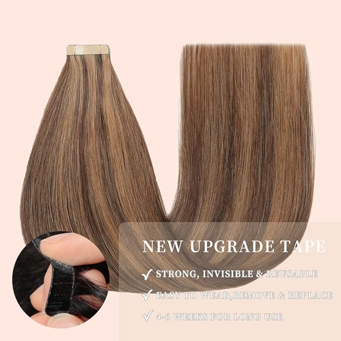 Darkest Brown to Medium Brown Tape in Hair Extensions Human Hair, 20pcs 16 Inch Remy Hair Extensions Straight Human Hair Tape in Extensions Skin Weft Tape Extensions Human Hair (P2/10#,16 Inch)