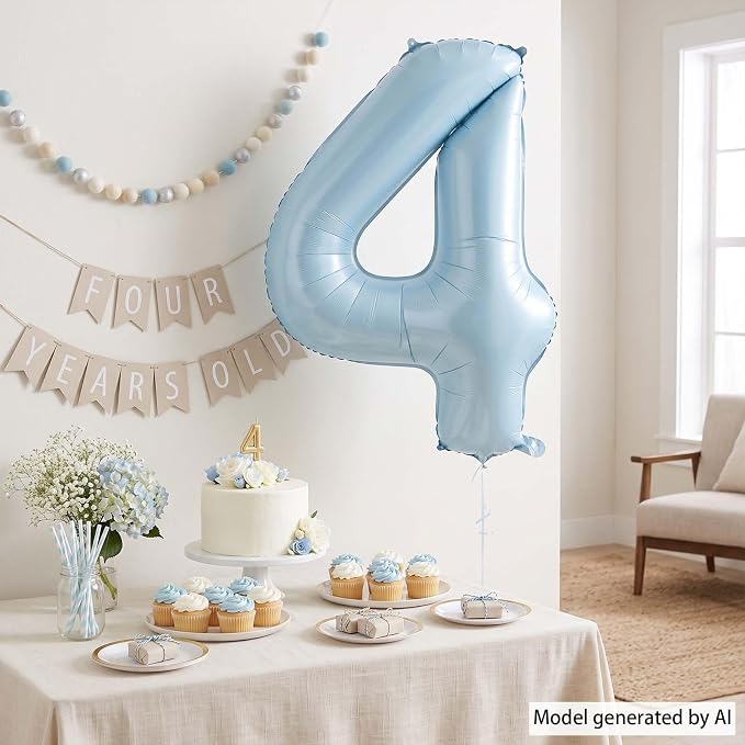 Baby Blue Number 4 Balloon 40 Inch, Sky Pastel Foil Numeral Party Supplies | - Image 3
