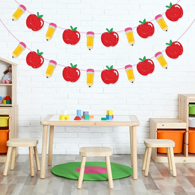 School Banner Garland For Back To School Decorations, Glitter Apple Pencil - Image 4