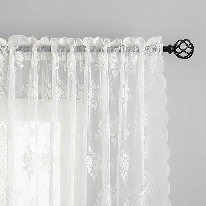 Kotile Ivory Lace Curtains, Vintage Rustic Floral, 42 x 96 Inch, 2 Panels | Rod - Image 3