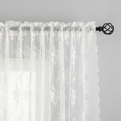 Kotile Ivory Lace Curtains, Vintage Rustic Floral, 42 x 96 Inch, 2 Panels | Rod - Image 3
