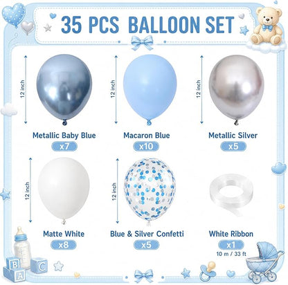 Blue Silver Balloons, Metallic Light Blue White Balloon - Image 2