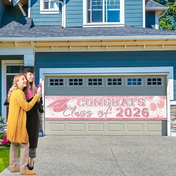 Pink Graduation Party Decorations Class of 2026 Banner Congrats Grad | Rose - Image 6