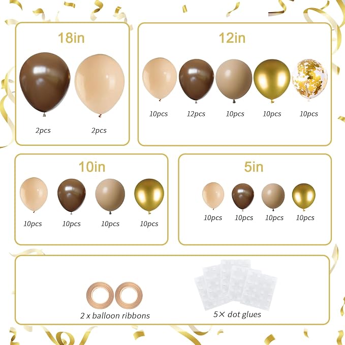 136pcs Brown Balloon Arch Kit, 18 12 10 5 inch Dark Brown Nude Gold | Confetti - Image 2