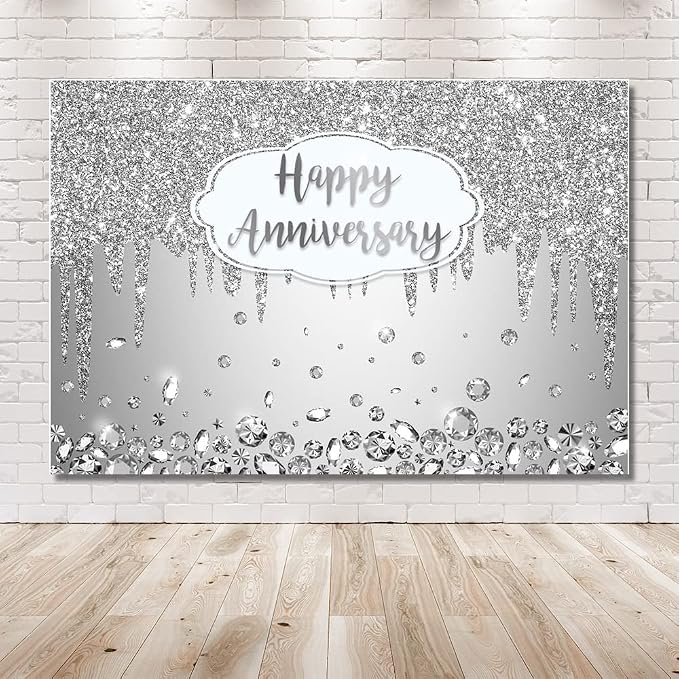 AIBIIN 8x6ft Happy Anniversary Backdrop Silver Dripping Glitter Crystals - Image 3