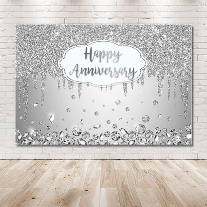 AIBIIN 10x7ft Happy Anniversary Backdrop Silver Dripping Glitter Crystals - Image 3
