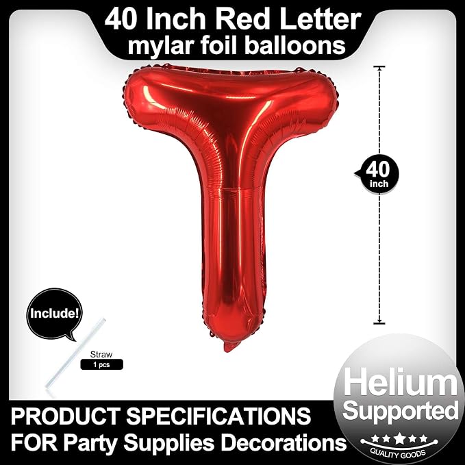 40 Inch Red Letter T Balloons, DIY Phrase Foil Alphabet Letter T Balloons DIY - Image 2