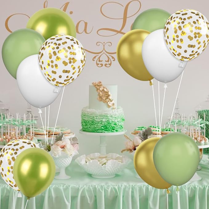 Green Gold Balloons Set, 12Inch Retro White Latex Balloons Metallic Green Gold - Image 4