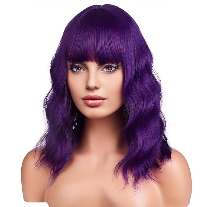 BERON 14 Inches Purple Wig for Women Short Curly Wig Dark Purple Wigs Synthetic Wigs with Bangs Hairnet Include