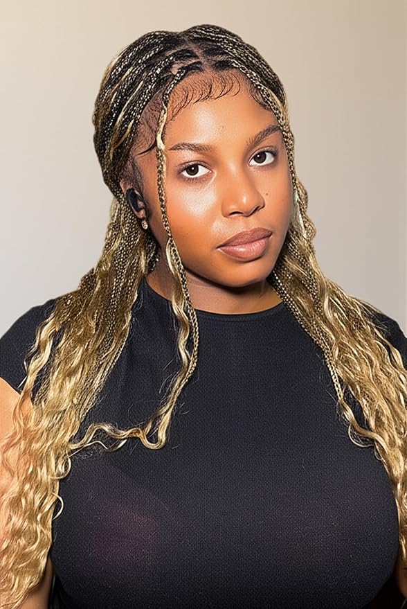 Human Hair Boho Curls Hand-Tied HD Full Lace Wig - 24" Salon-Level Small Box Synthetic Braids (80 Braids, Medium Density) Pre-Cut Swiss HD Lace, Pre-Plucked, Tangle-Free - 1B/27 Honey Blond
