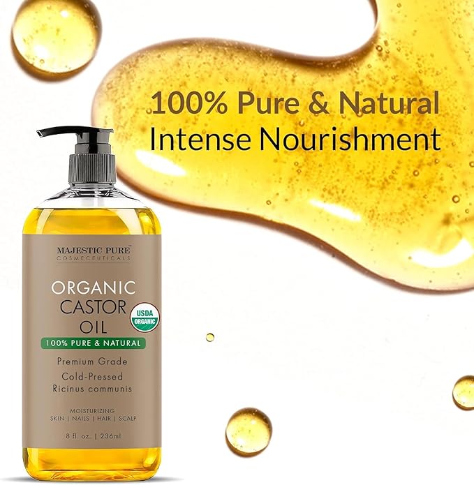 Majestic Pure Organic Castor Oil 8 Fl Oz - 100% Pure and Natural - Premium Grade Carrier Oil - Hair, Eyelashes and Eyebrows - Hair Oil and Body Oil - Cold Pressed - Hexane Free