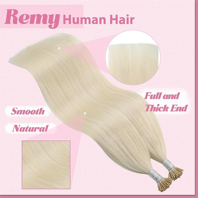 YoungSee I Tip Hair Extensions Human Hair Blonde Itip Hair Extensions Platinum Blonde 20 Inch 50s 50g Invisible I-Tip Extensions Add Length and Volume