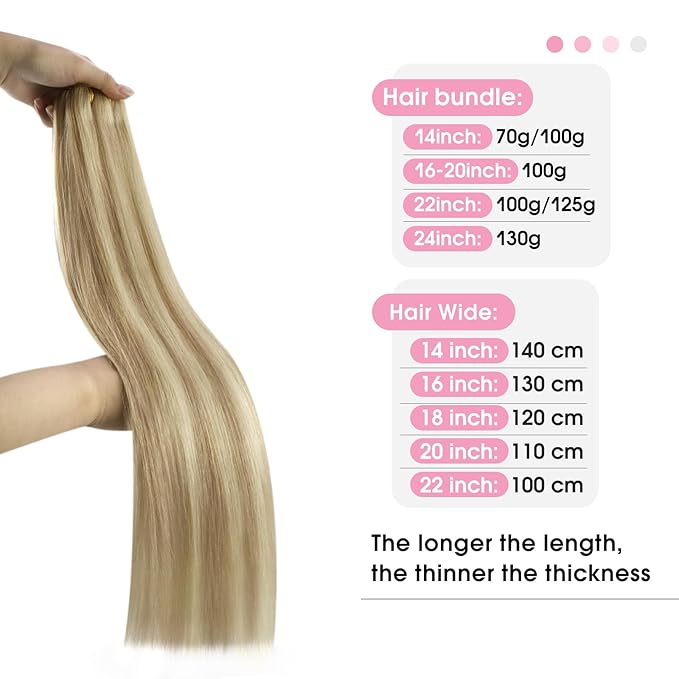 YoungSee Sew in Hair Extensions Real Human Hair Highlight Hair Extensions Weft Dark Ash Blonde Highlighted Light Blonde Full Head Sew in Bundles Human Hair 16Inch 100G